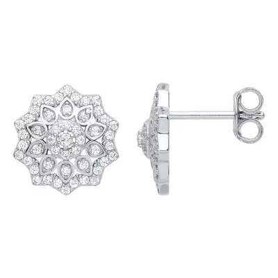 Jewelco London Ladies Rhodium Plated Sterling Silver CZ Mosaic Avocado Decagram Cluster Stud Ear