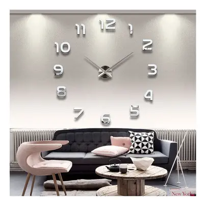 (Silver) 3D Frameless Wall Clock Modern Mute Large Mirror Surface DIY Room Home Office Decoratio