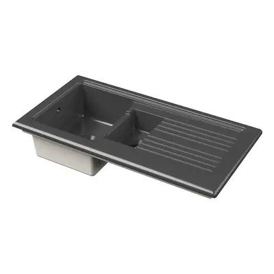 Fireclay Ceramic 1.5 Bowl Kitchen Sink & Grooved Drainer - 1010mm - Soft Black