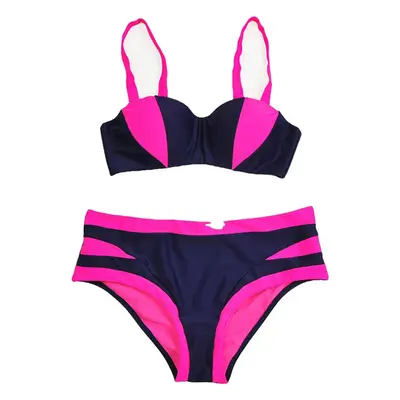 (Pink, L) Sexy Patchwork Backless Wireless Push Up Bikini Set