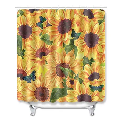 (Type C) 4Pcs Bathroom Mat Set Pedestal Rug Lid Toilet Cover Shower Curtain Yellow