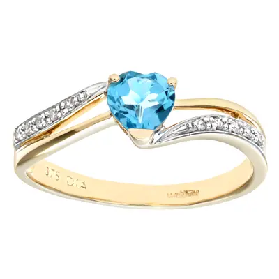 (P) Jewelco London Ladies 9ct Yellow Gold Diamond and Heart Blue Topaz Ring