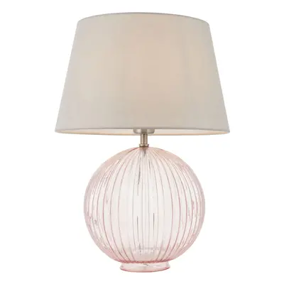 Table Lamp Dusky Pink Ribbed Glass & Pale Grey Cotton 40W E27 Bedside Light