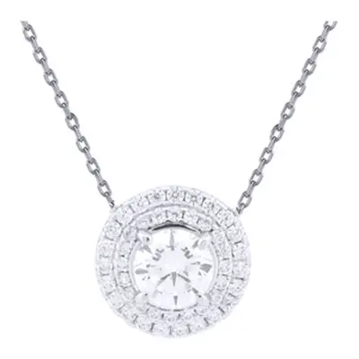 Jewelco London Rhodium Silver Round CZ Double Circle Halo Solitaire Cluster Pendant Necklace - A