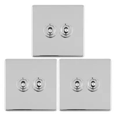 3 PACK Gang Double Retro Toggle Light Switch SCREWLESS CHROME 10A Way Plate