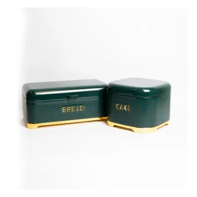 KitchenCraft Set of Gift-Tagged Hunter Green Lovello Textured Cake Tin 26x26x19cm, Bread Bin 42x