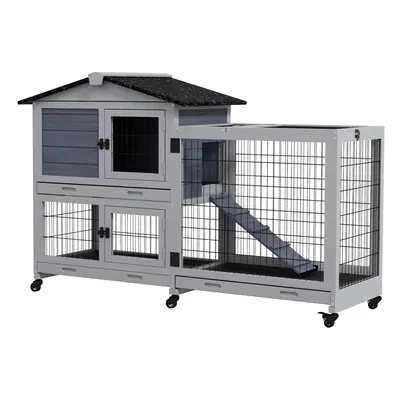 PawHut Large Rabbit hutch Outdoor Indoor w/ Wheels, Three Slide-Out Trays, Ramp