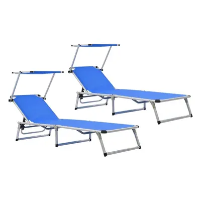 Folding Sun Loungers with Roof pcs Aluminium&Textilene Blue