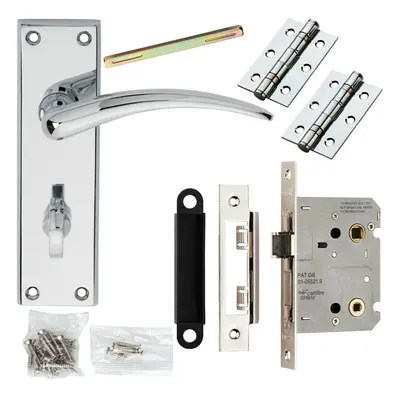 Door Handle & Bathroom Lock Pack Chrome Curved Arm Thumb Turn Square Backplate