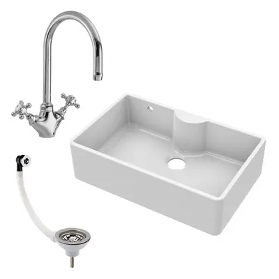 795mm - Single Bowl Fireclay Butler Kitchen Sink - Tap Ledge, Tap & Waste