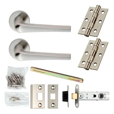 Door Handle & Latch Pack Satin Steel Slim & Flat Lever Screwless Round Rose