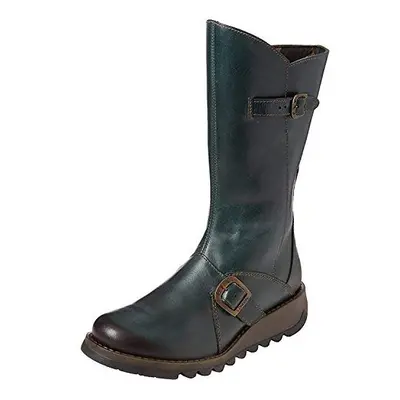 (37) Fly London Mes Womens Petrol Green Mid-Calf Zipped Wedge Leather Boots