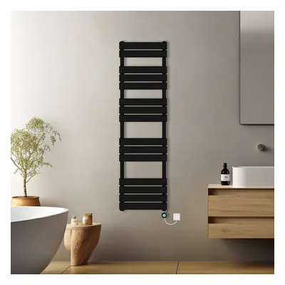 (Black, 1600x450mm) Pre-filled Electric Heated Towel Rail Radiator Flat Panel Thermostatic