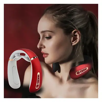 (Red) 3D Neck Pulse Electric Massager Multifunctional USB Rechargeable Hot Compress