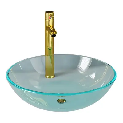 vidaXL Bathroom Sink with Tap and Push Drain Clear Tempered Glass Wash Basin