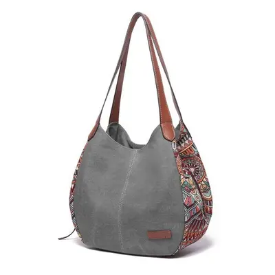 (Grey) Main Bags Bohemia Large Capacity Canvas Floral Handbag Shoulder Bag For Women