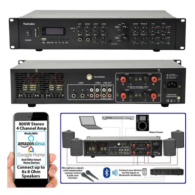 800W Stereo Bluetooth Amplifier | 4x 200W Channel Multi Zone HiFi Matrix Mixer