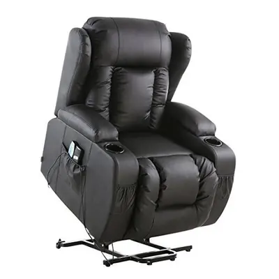 (Black) Caesar Electric Rise Recliner Winged Leather Armchair Massage Heated Lounge Chair