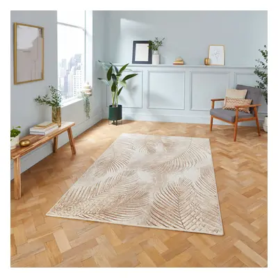 (Beige / Bronze) Think Rugs Creation Fern Leaf High Density Pile Rug