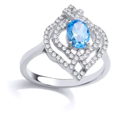 (M) Jewelco London Ladies Rhodium Sterling Silver Light Blue Oval Cubic Zirconia Arabesque Clove