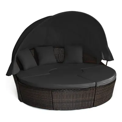 Wicker Daybed Patio Round Sectional Furniture Set w/ Canopy & Cushions