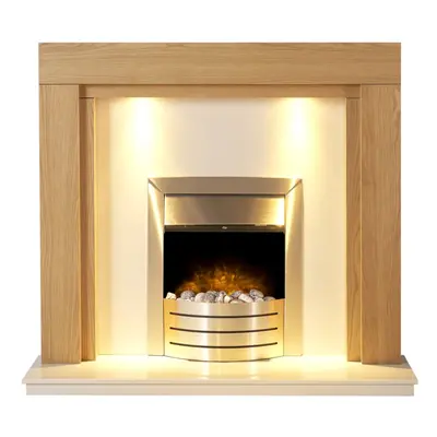 Adam Fenwick in Oak & White Marble with Downlights & Comet Electric Fire in Brushed Steel, Inch