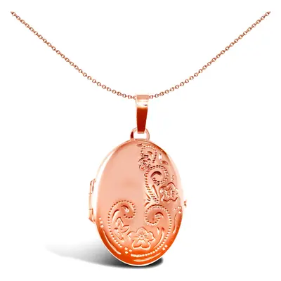 Jewelco London Ladies 9ct Rose Gold Floral Engraved Oval Locket Pendant - JLC109