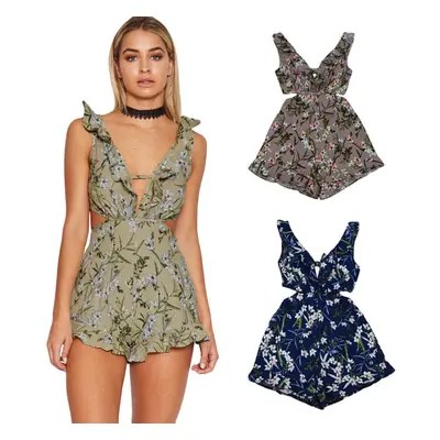 (Green, L) Women Jumpsuit Short Rompers Floral Print Cut Out V-Neck Ruffle Backless Sleeveless