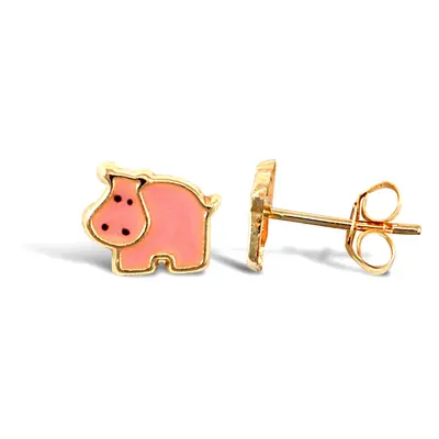 Jewelco London Ladies 9ct Yellow Gold Pink Enamel Hippo Stud Earrings - JES274