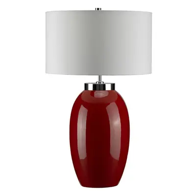 Table Lamp Large Red Glaze Cream Faux Silk Empire Cylinder ShadeLED E27 60W