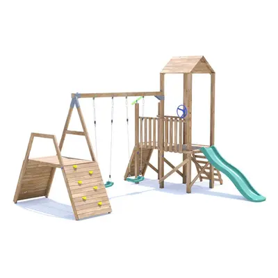 FrontierFort Climbing Frame with Double Swing, LOW Platform, Climbing Wall & Slide