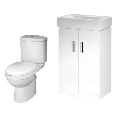 Cloakroom Suite - Floor Standing Vanity Basin Unit, Toilet and Seat - Gloss White