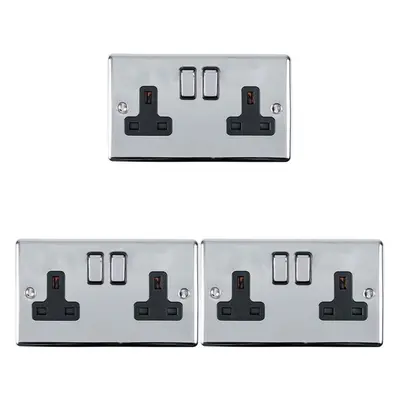 3 PACK Gang Double UK Plug Socket POLISHED CHROME 13A Switched Black Trim