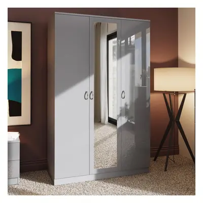 3 Door Large Triple Mirrored Wardrobe High Gloss Grey