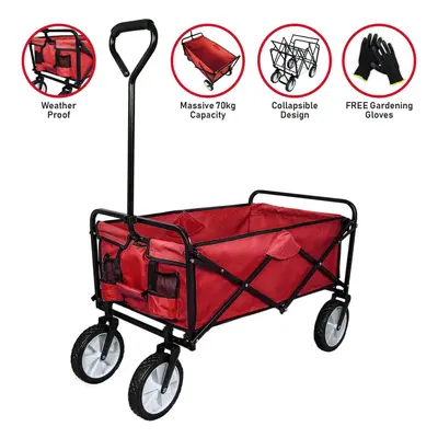 (Red) Foldable Garden Cart Red Pull Wagon Trolley Folding