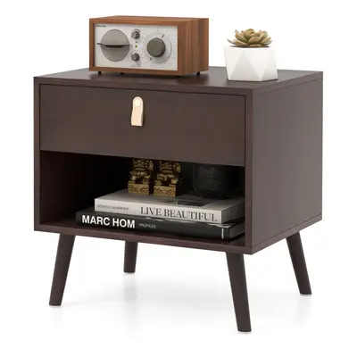 Nightstand with Drawer Mid-Century End Table with Open Storage Shelf