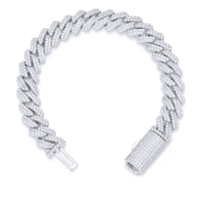 Jewelco London Men's Rhodium Silver Round CZ Encrusted Square Curb 10mm Chain Bracelet 1Â½oz - A