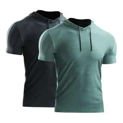 (Grey Green, L) 2PCS Men Summer Sports T-Shirt Solid Color Hooded Short Sleeve Quick-Dry Running