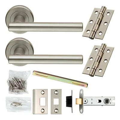 Door Handle & Latch Pack Satin Chrome Straight T Bar Screwless Round Rose