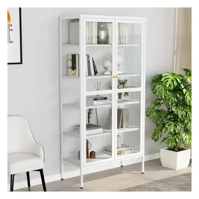 vidaXL Display Cabinet White Steel and Tempered Glass Side Storage Cabinet