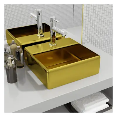 vidaXL Wash Basin with Faucet Hole 38x30x11.5cm Ceramic Gold Sink Wash Bowl