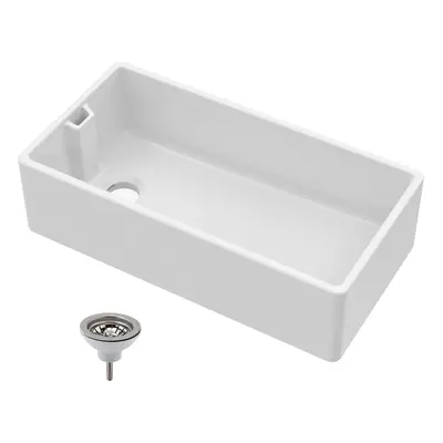 Single Bowl Fireclay Ceramic Belfast Kitchen Sink & Basket Strainer Waste, 895mm