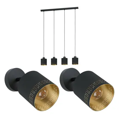 Quad Ceiling Light & 2x Matching Wall Lights Black & Gold Round Fabric Shade