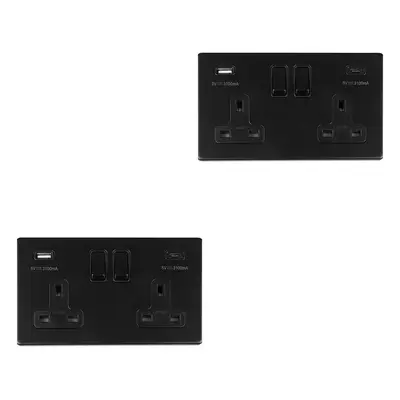 2 PACK Gang Double 13A UK Plug Socket & 2x 3.1A USB-C & A SCREWLESS MATT BLACK