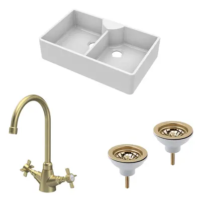 Fireclay Kitchen Bundle - Double Bowl Butler Sink, x Wastes & Mono Crosshead Tap, 895mm - Brushe