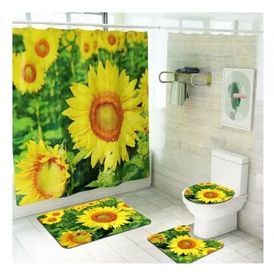 (Type B) 4PCS Non Slip Sunflower Pattern Toilet Polyester Cover Mat Set Waterproof Bathroom Show