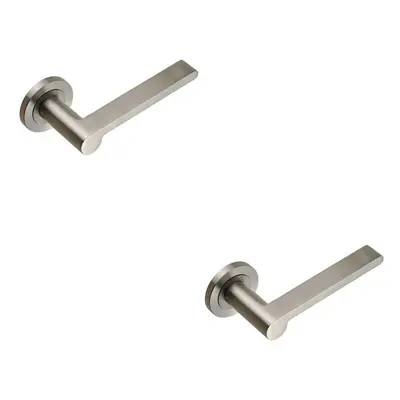 2x PAIR Flat Bar Lever with Rounded End on Round Rose Concealed Fix Satin Steel