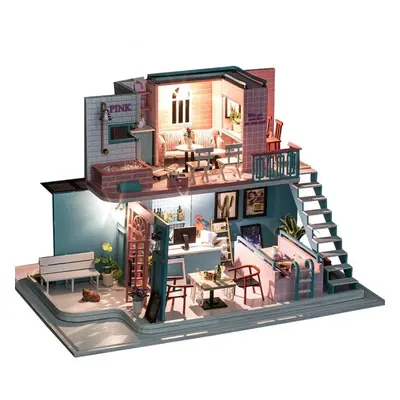 Pink Cafe House 30*19*22CM DIY Doll House With Furniture Light Cover Gift Toy