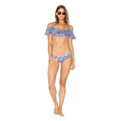 (L) Women Ruffles Vintage Print Cut Out Bottom Low Waist Padded Two Piece Swimsuit