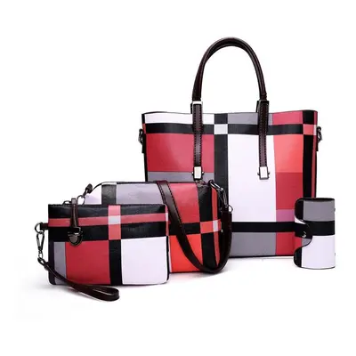 (Red) 4PCS PU Leather Fashion Lattice Shoulder Bag Set For Female